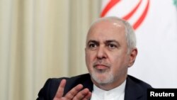 FILE - Iran's Foreign Minister Javad Zarif reacts during a news conference with Russia's Foreign Minister Sergei Lavrov (not pictured) in Moscow, Russia, Sept. 2, 2019.