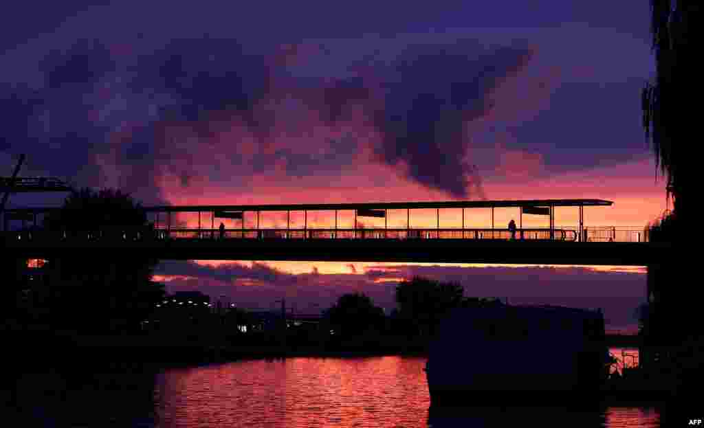 A pedestrian bridge is pictured at the headquarters of German car maker Volkswagen, in Wolfsburg, Germany.
