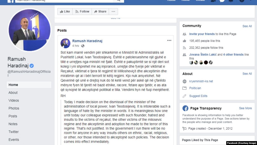 Zvanična Fejsbuk stranica premijera Kosova Ramuša Haradinaja sa porukom o razrešavanju dužnosti ministra Ivana Todosijevića 